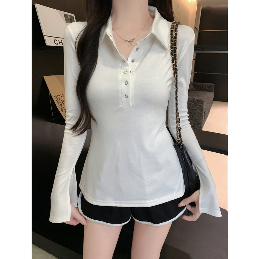PF23430#纯欲辣妹紧身收腰polo领长袖T恤女秋冬性感v领纽扣不规则打底上衣女裝貨源服裝批發