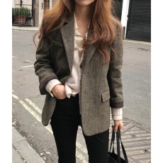 批发尺寸已更新 经典毛呢西装外套韩版宽松人字纹复古格子英伦风西服