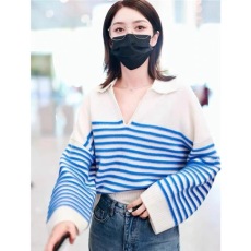 批发傅菁明星<b class='q'>同款</b>衣服宽松休闲慵懒风条纹毛衣女套头polo领针织衫秋冬