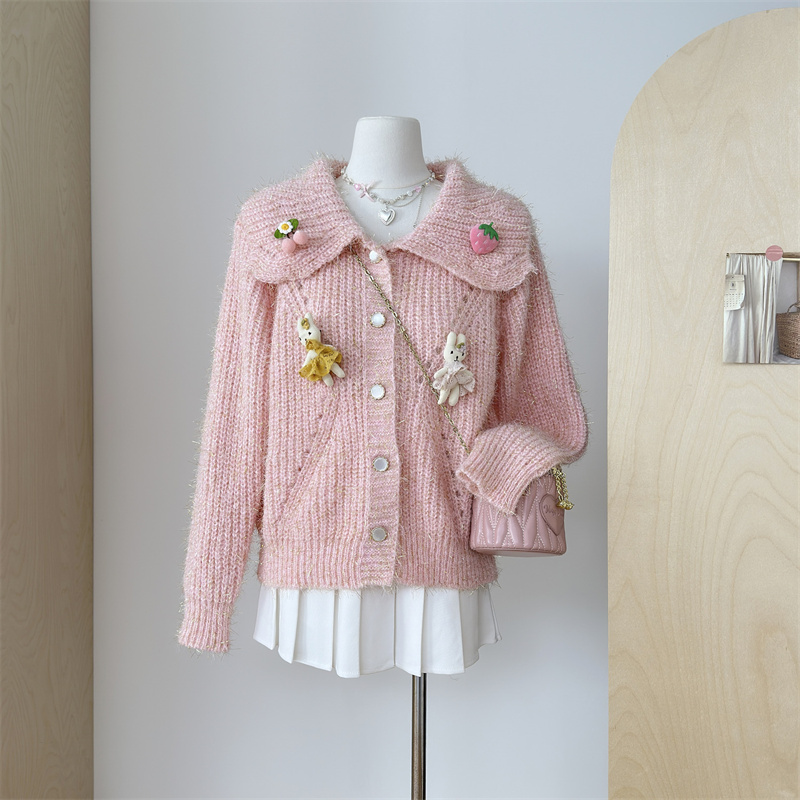 Franse babykraag trui jas voor dames in de herfst winter, met een high-end en chique Western stijl poppen gebreide cardigan_voghion.com