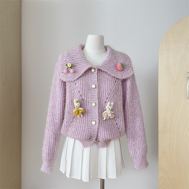Franse babykraag trui jas voor dames in de herfst winter, met een high-end en chique Western stijl poppen gebreide cardigan_voghion.com