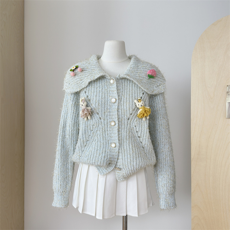 Franse babykraag trui jas voor dames in de herfst winter, met een high-end en chique Western stijl poppen gebreide cardigan_voghion.com