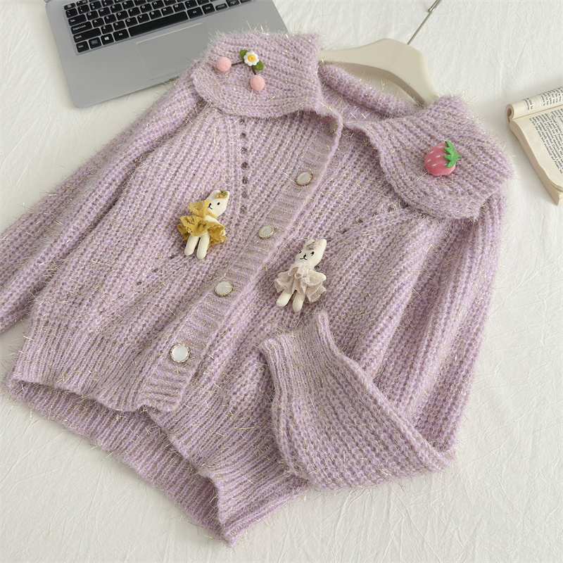 Franse babykraag trui jas voor dames in de herfst winter, met een high-end en chique Western stijl poppen gebreide cardigan_voghion.com