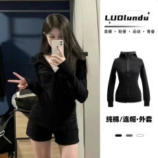批发连帽春秋长袖新款卫衣外套女装秋冬拉链修身短款<b class='q'>运动</b>开衫上衣