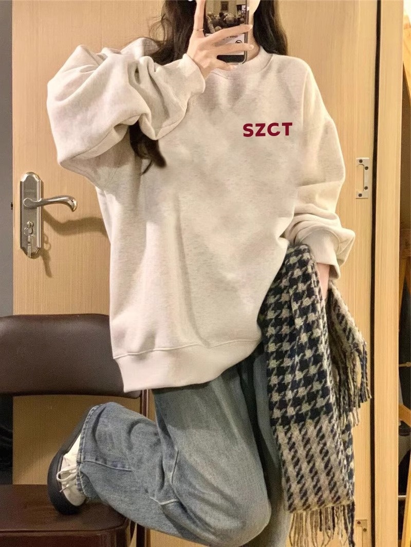 纯棉华棉320克圆领卫衣女秋薄款 冬季加厚银狐绒420克宽松卫衣女