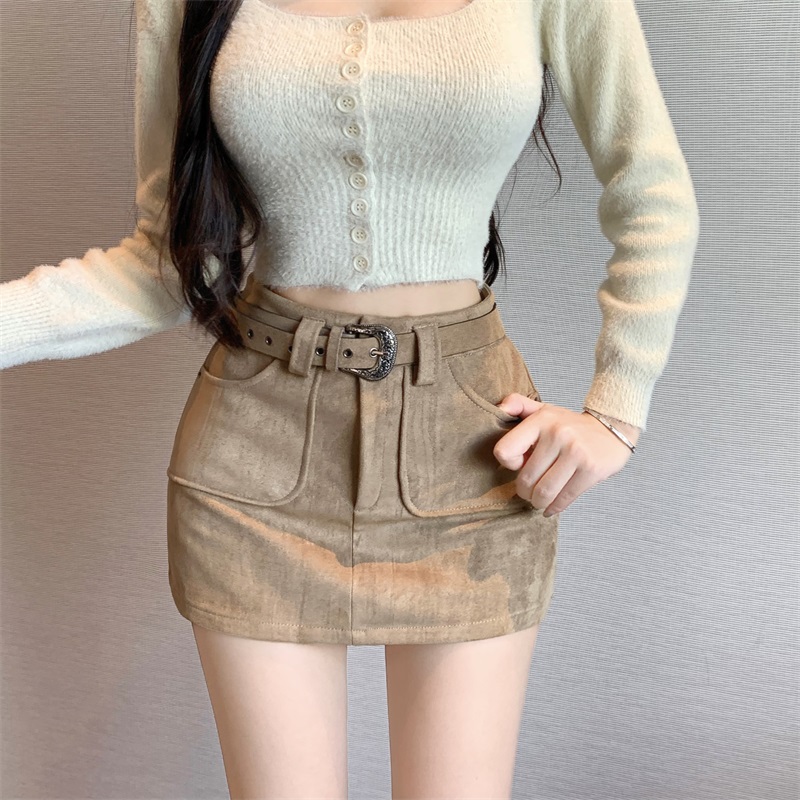 Actual shot of Maillard retro khaki suede high-waisted A-line high-end versatile hip-hugging short skirt