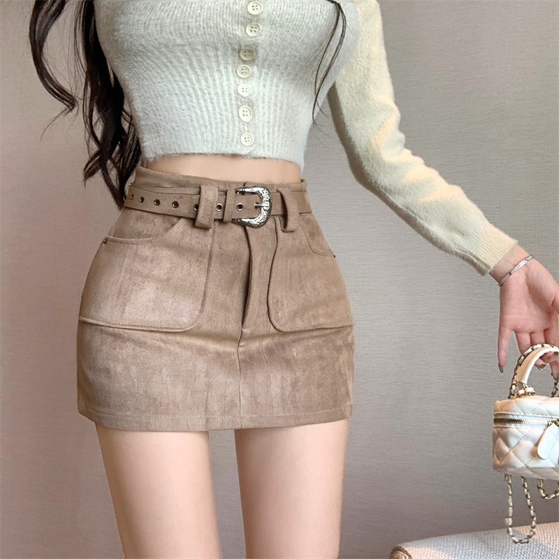 Actual shot of Maillard retro khaki suede high-waisted A-line high-end versatile hip-hugging short skirt