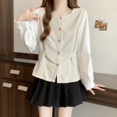 批发大码女装胖MM秋季新款2025圆领设计感收腰衬衫休闲百搭显瘦上衣女