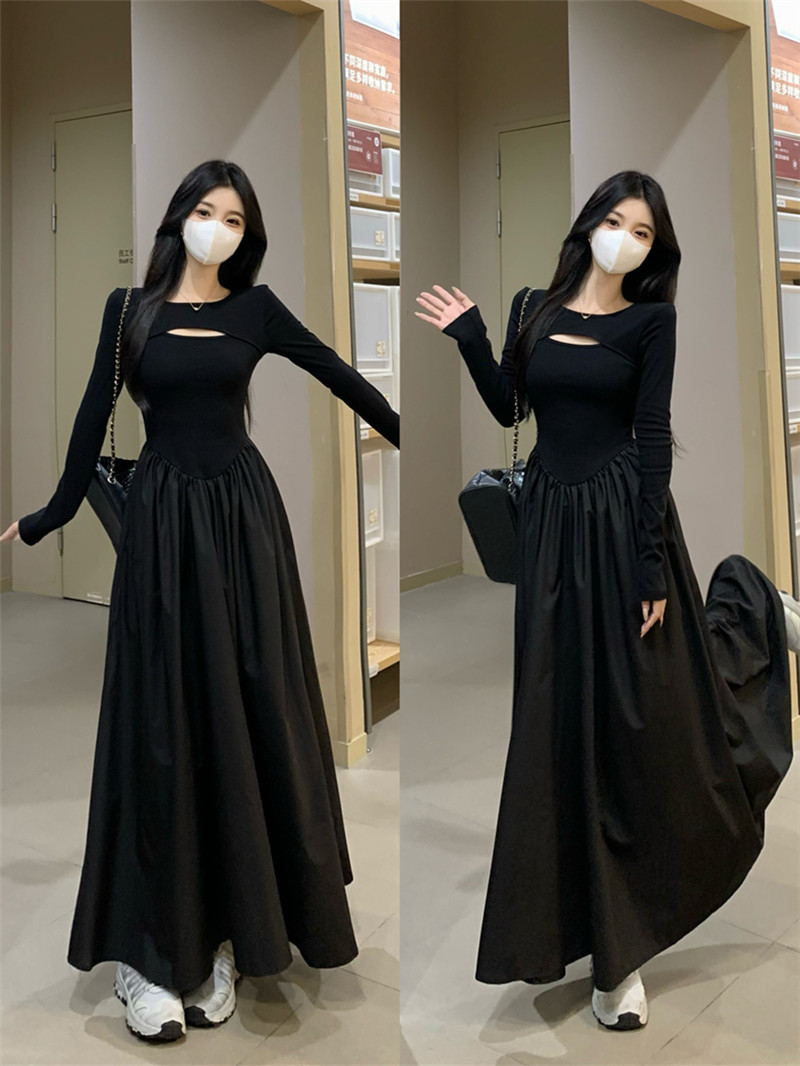 작은 검은 드레스 고급 센스 패치워크 니트 여성 드레스 2026 이른 봄 디자인 센스 작은 대중 패치워크 슬림해 보이는 길다 치마