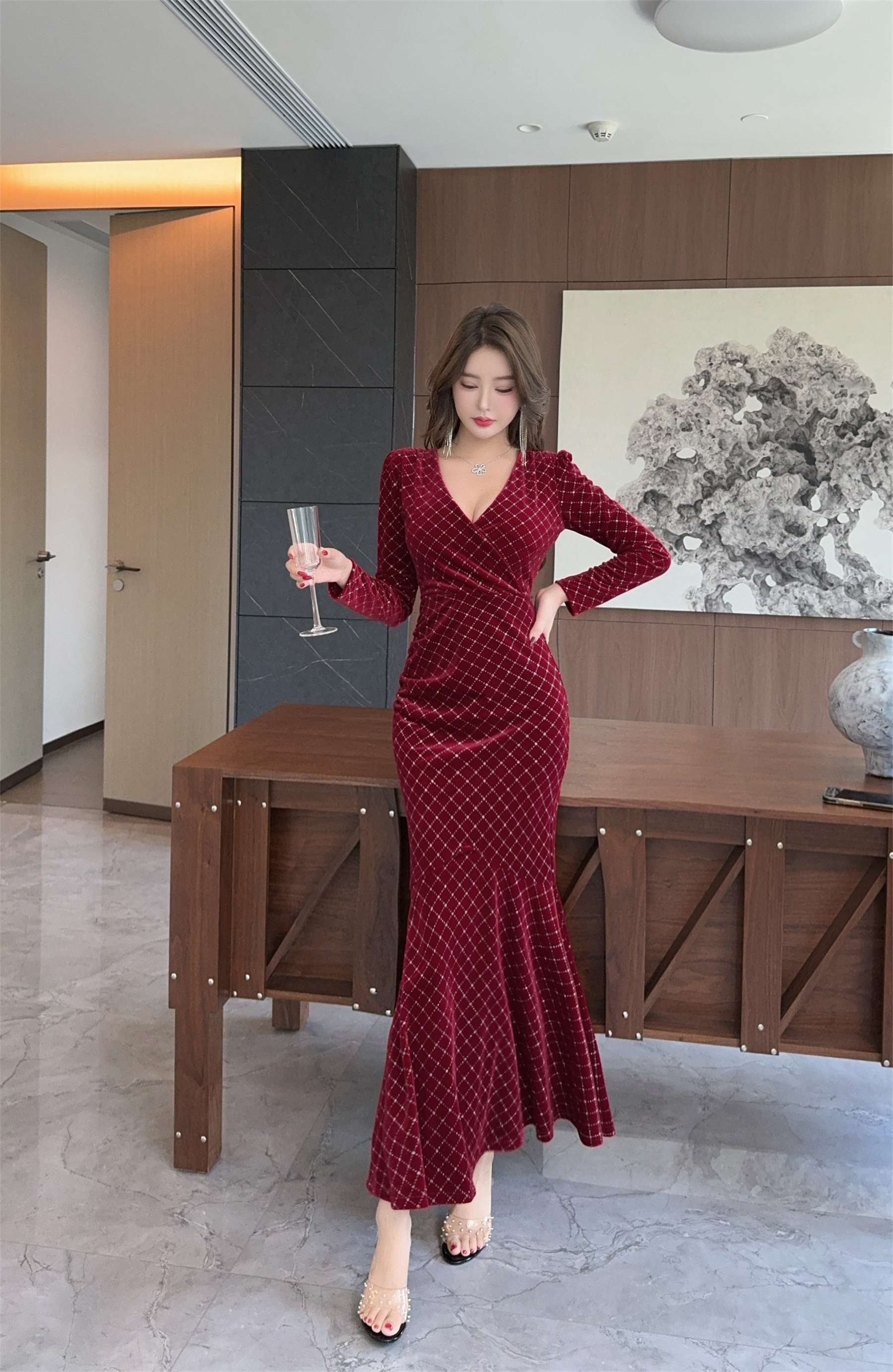 PF23494#性感长款开衩大摆长袖金丝绒礼服连衣裙女裝貨源服裝批發