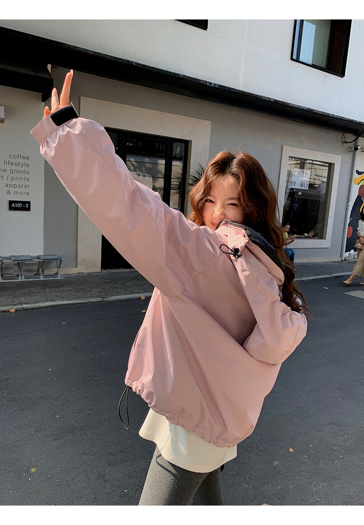Netmap Pink Women's Small Size Spring and Autumn Waterproof Windproof Drawstring Hoodie Stormtrooper Coat Thin_voghion.com