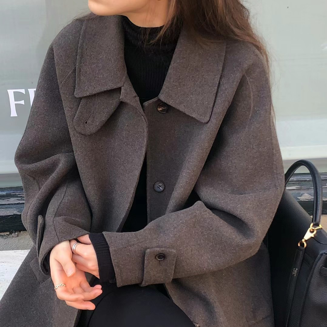 Giacca monopetto in lana di media lunghezza con risvolto alla francese, stile INS blogger, taglia aggiornata_voghion.com
