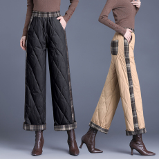 批发羽绒棉裤2024冬时尚高腰宽松加厚保暖阔腿裤毛呢格纹拼接长裤子女