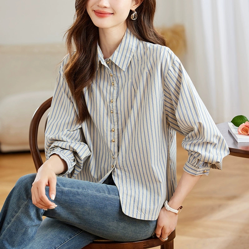 재고 상품 2025 가을 스트라이프 셔츠 여성 긴 소매 새로운 진주 버클 업 의류 한국 스타일 캐주얼 루즈핏 순면 셔츠