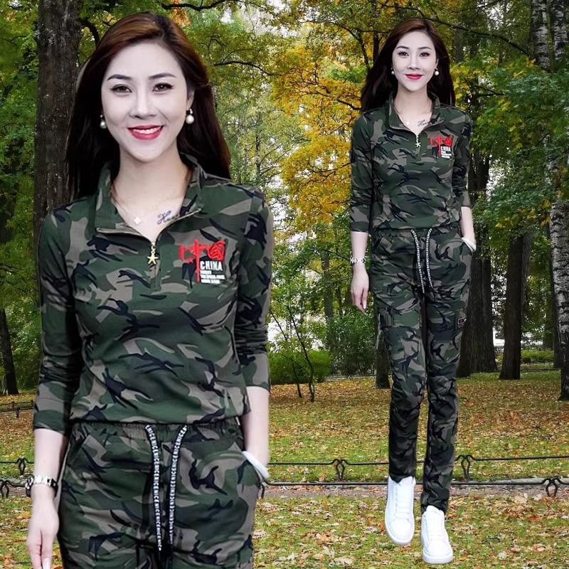 이른 가을 위장 복 긴팔 스탠드 칼라 티셔츠 여성 새로운 광장 선원 춤 투피스 세트 야외 캐주얼 운동 맨위
