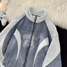 批发<b class='q'>嘻哈</b>复古做旧牛仔夹克男棒球服美式水洗立领小众设计外套