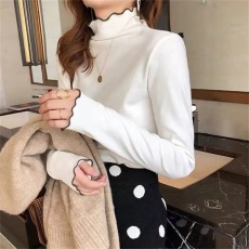 批发德绒春秋装新款半高领打底衫女长袖T恤修身百搭木耳边内搭ins上衣