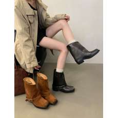 批发牛皮版~复古感马丁靴方头擦色靴子女金属扣粗跟套筒皮带扣西部靴