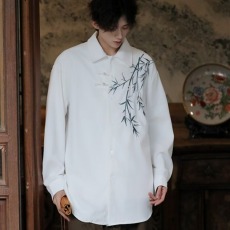 批发国潮盘扣竹子短袖衬衫男生新中式半袖衬衣冰丝<b class='q'>中国风</b>绣花大码上衣