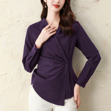 批发实拍欧洲站2025秋装<b class='q'>不规则</b>V领衬衫上衣女弹力收腰遮肉打底衫洋气