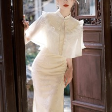 批发2026新款高端气质蕾丝仙气少女年轻款改良旗袍披肩套装复古素雅夏