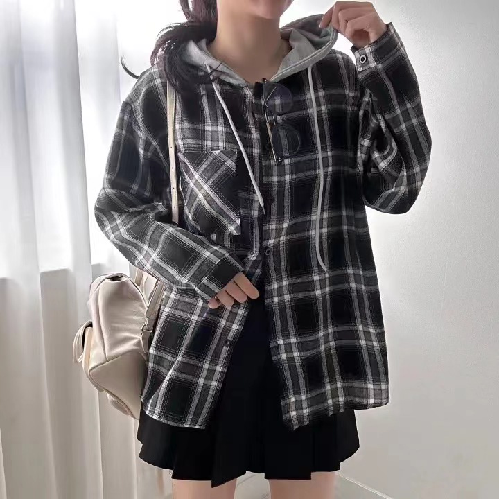 한국 스타일 봄 가을 후드 배색 격자 무늬 셔츠 하라주쿠 스타일 루즈핏 디자인 센스 캐주얼 긴팔 여성 코트 셔츠