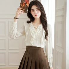 批发法式长袖衬衫女2026春秋季杏色系带气质百搭V领荷叶边上衣