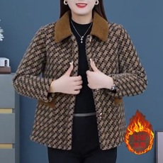 批发中年妈妈加绒加厚秋冬装时尚洋气外套新款<b class='q'>中老年</b>女士外穿格子方领