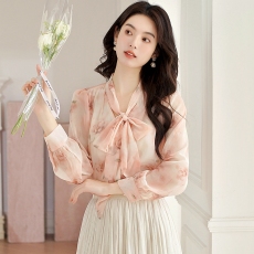 批发法式小众仙气印花蝴蝶结衬衫女装2026春秋季新款温柔洋气飘带上衣