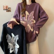 批发实拍~ 大码胖MM秋季新款圆领落肩袖重工针织长袖套头韩版宽松毛衣