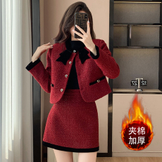 批发安可拉红小香风加厚时尚套装女秋冬新款短款外套半身裙秋装两件套