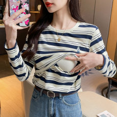 批发实拍 哺乳衣早春新款哺乳纯棉长袖条纹T恤产后打底喂奶上衣
