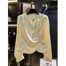 批发实拍大码2026春季法式高级感上衣独特别致设计感小众V领雪纺衬衫