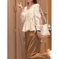 批发法式方领长袖衬衫女秋季大码胖mm显瘦小众设计感蝴蝶结泡泡袖上衣