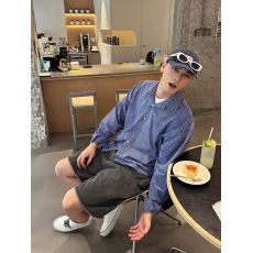 批发美式复古慵懒宽松蓝色格子长袖衬衫2024男新款百搭休闲刺绣衬衣潮