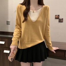 批发<b class='q'>大码</b>女装秋冬V领假两件针织上衣胖mm撞色内搭拼接宽松毛衣套头衫