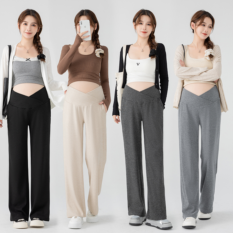 실사 임산부 바지 봄과 가을 외출용 가을 양모 와이드 레그 팬츠 임신 기간 캐주얼 스트레이트 빅 사이즈 긴 바지 봄 드레스