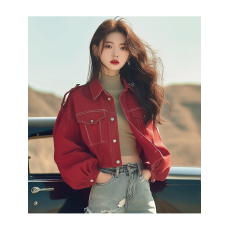 批发早秋新款独特超好看韩系又酷又飒小香风宽松安可拉红工装牛仔外套