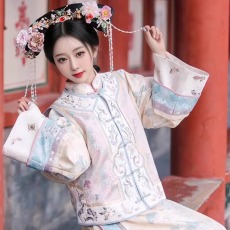批发清朝格格<b class='q'>服装</b>宫廷风清代晚清印花古装旗袍对襟马甲倒大袖套装全套