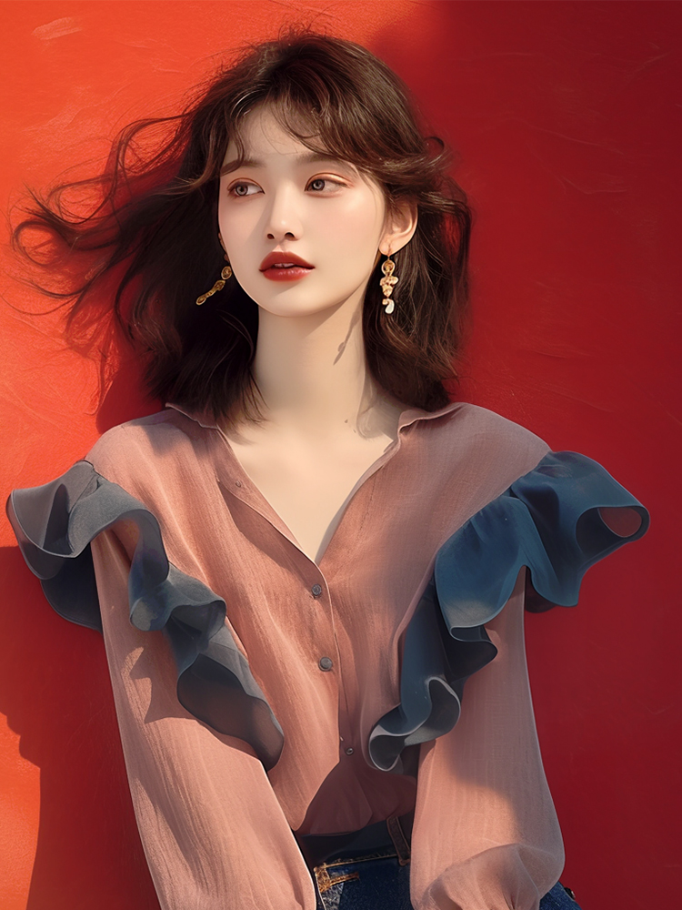 새로운 가을 여성 셔츠 폭발 작은 대중 Chic 고급 센스 한 부서 연령 감소 배색 프릴 맨위 여성