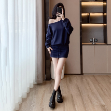 批发实拍有货 复古<b class='q'>欧美</b>式斜肩卫衣女春秋新款设计感小众长袖露肩<b class='q'>套装</b>