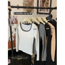 批发实拍不减~秋冬磨毛保暖上衣圆领带胸垫撞色修身长袖打底衣