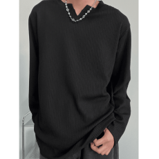 批发白色V领长袖T恤男秋季内搭休闲体恤大码宽松圆领男款打底衫上衣服