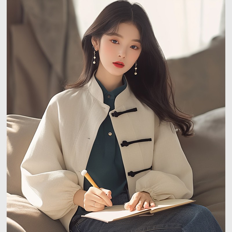 작은 키 봄과 가을 폭발 한 부서 착용 가져 가라. 다시 a 다시 바람의 소리 고급 센스 아름다운 화이트 스탠드 칼라 새로운 중식 재킷