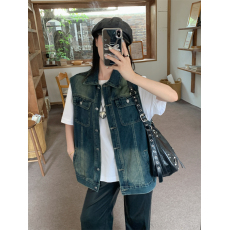 批发实拍实价~新款复古水洗做旧叠穿无袖牛仔马甲外套女