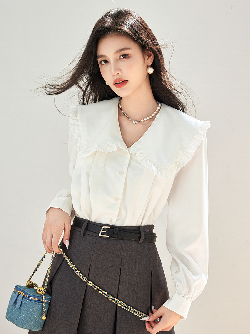 실사 있음 2026 가을 새로운 프릴 베이비 칼라 디자인 센스 작은 대중 루즈핏 긴팔 셔츠