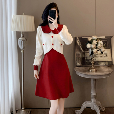批发新年战袍红色假两件连衣裙女秋季新款<b class='q'>甜美</b>奶乖娃娃领针织连衣裙