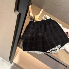 批发新款透气野餐短款 复合绿格子短裤蕾丝花边拼接休闲短裤