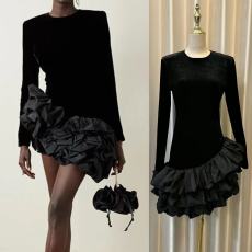 批发设计师丝绒拼接层叠荷叶边摆不规则修身<b class='q'>迷你裙</b>女人味显瘦连衣裙短