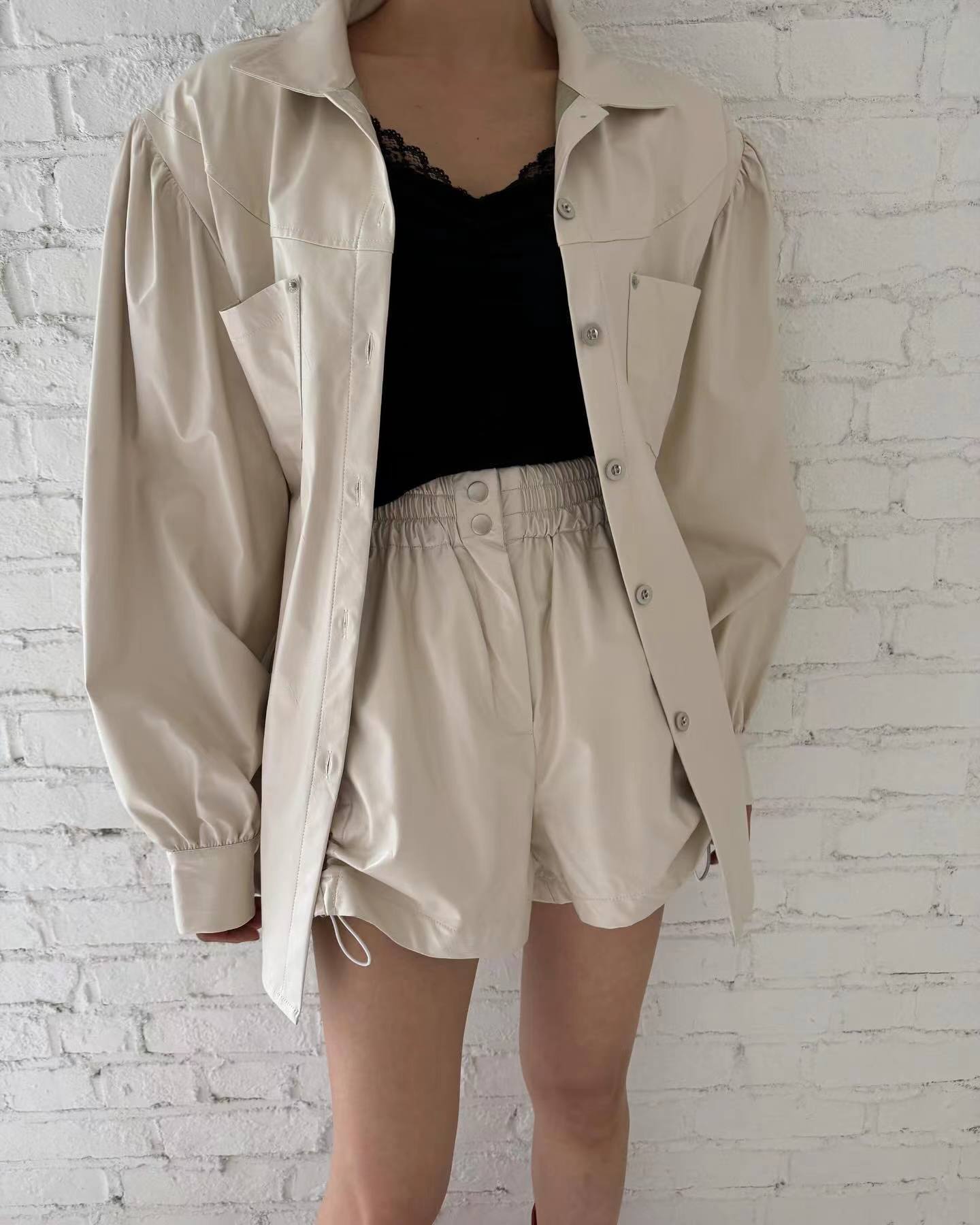 Casual simple imported leather U shirt autumn fashion versatile lapel shirt shorts suit for women